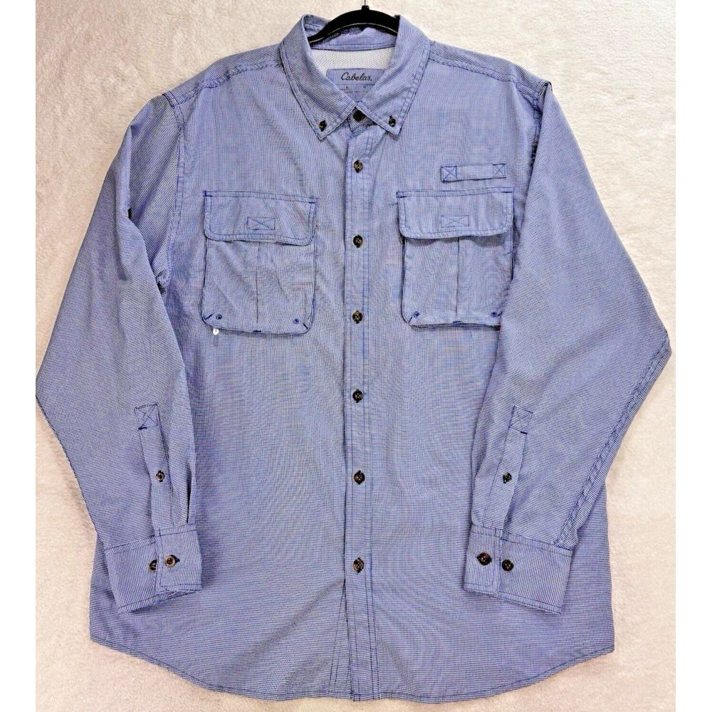 Cabelas Ultimate Fishing Shirt Men L Blue Houndstooth LS Vented UPF 50
